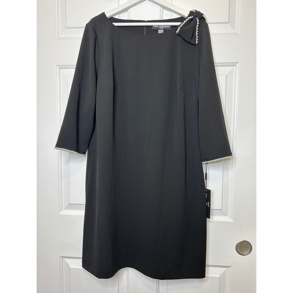 Karl Lagerfeld Paris‎ NWT Shift Dress 16 Black Pearl Trim Bow Shoulder